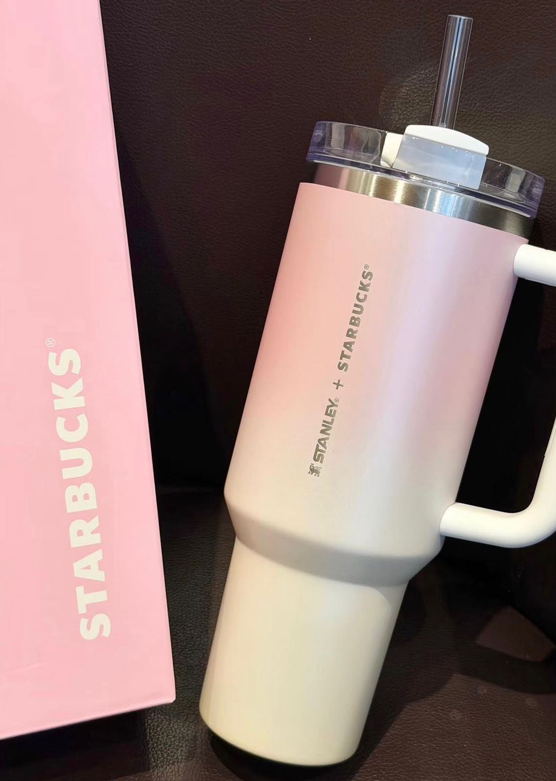 Pink–White Ombre Handled Travel Tumbler (Stanley x Starbucks)